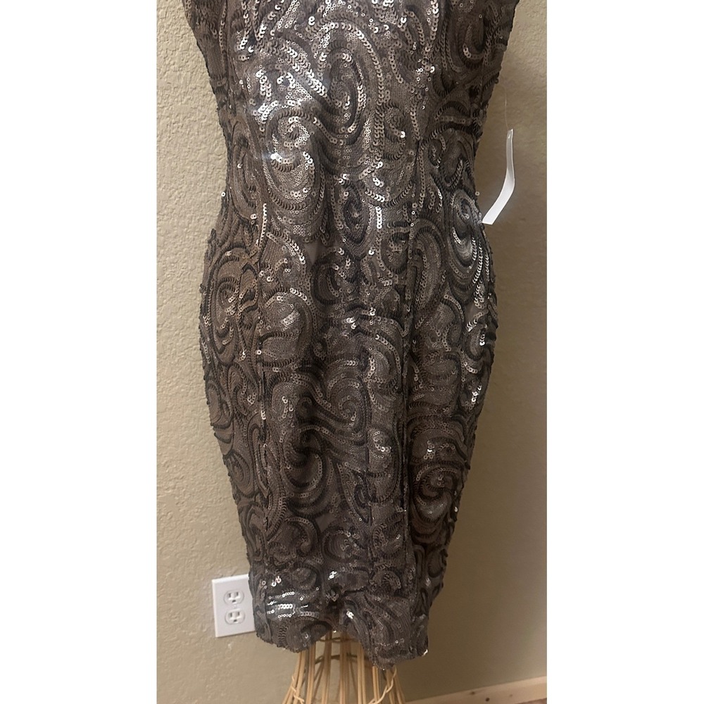 Venus Sequin Swirl Cocktail Dress Taupe Silver V-Neck Bodycon Women 14 Party - Picture 9 of 16